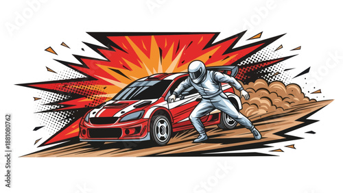 Racing car illustration with driver and dynamic elements vector design