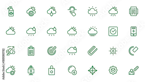 Set of various green weather and health related icons on a white background
