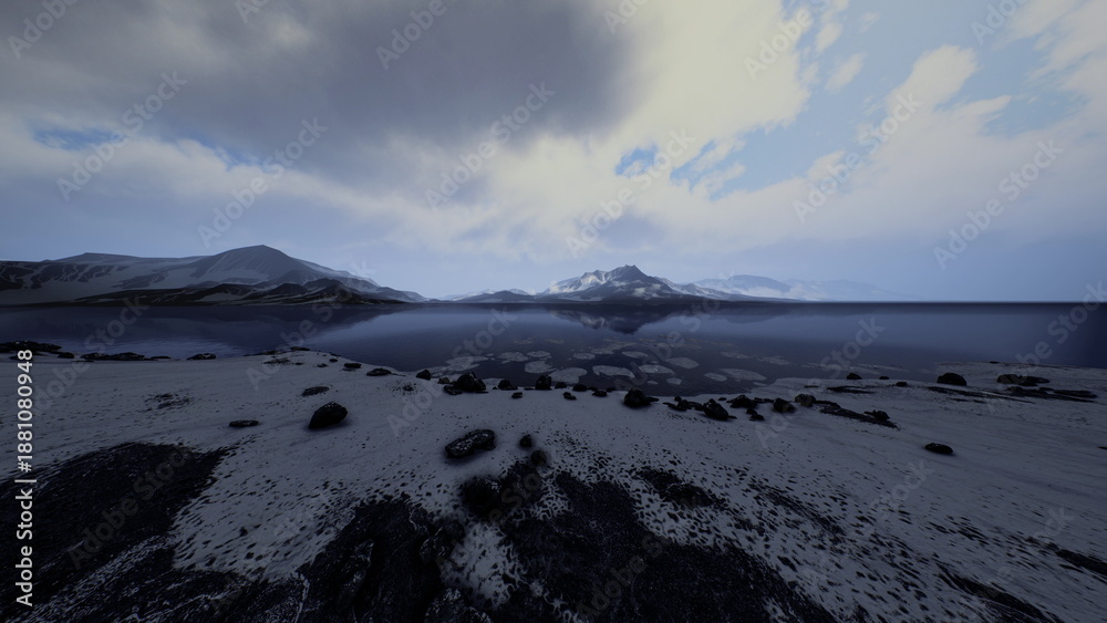 Obraz premium A peaceful coastal scene unfolds at dusk where gentle waves kiss the shore. Mountains loom in the distance, while dark rocks and patches of sand create a serene atmosphere.