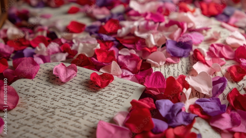 Obraz premium Romantic letters with red, pink, and purple rose petals spread over handwritten pages.