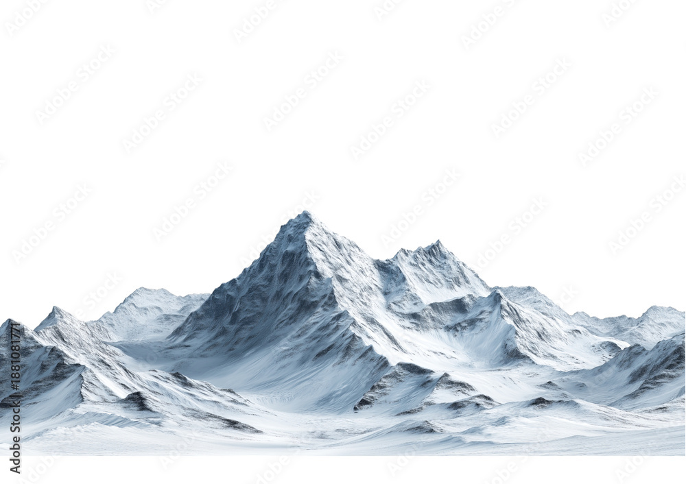 Obraz premium Jagged snow covered mountain range with sharp peaks and valleys isolated on a transparent background