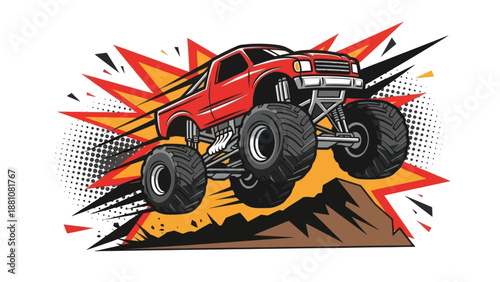 Red monster truck jumping over obstacle against explosive background