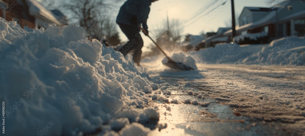 Obraz premium Worker Shoveling Snow from Curb in Crisp Winter Light