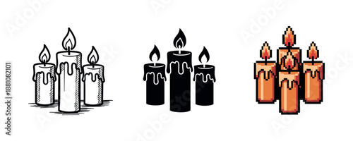 Set of three candle designs: hand-drawn, silhouette, pixel art styles displaying burning candles