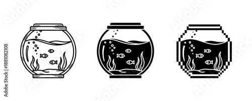 Triptych of fish bowls: line art, solid, and pixel-style designs