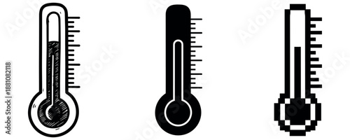 Three unique thermometer icons: sketched, solid, pixelated designs