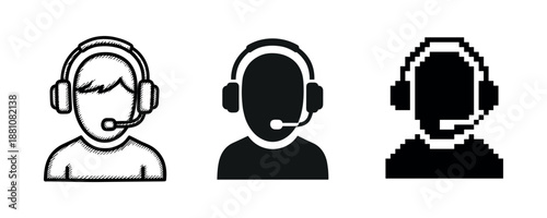 Three styles of call center icons: sketch, solid, pixel