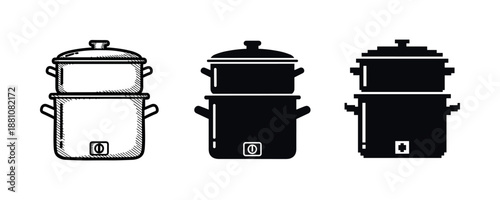 Vector icons of black and white cooking pots with covers and handles