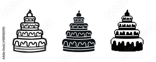 Three stylized black and white tiered cakes with dripping icing and candles