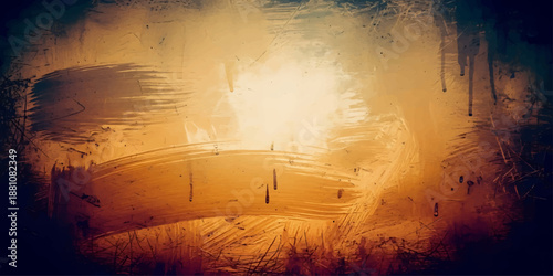 An old grunge background with rays of bright sun and dark clouds over a nature landscape featuring a summer river under a blue stormy sky