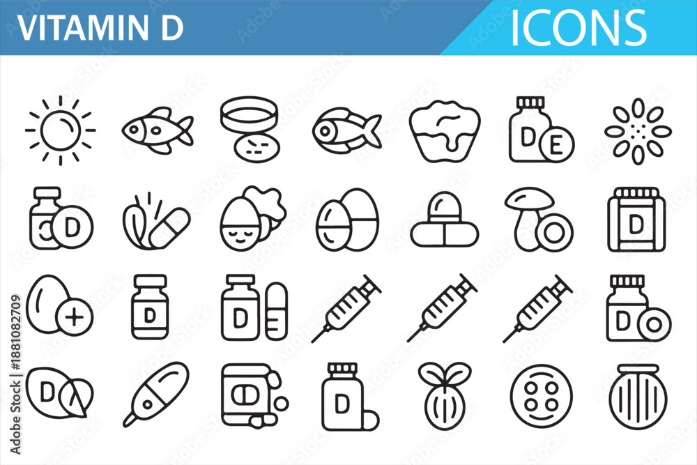 Fototapeta premium Vitamin D healthcare outline vector icons for medical and wellness design