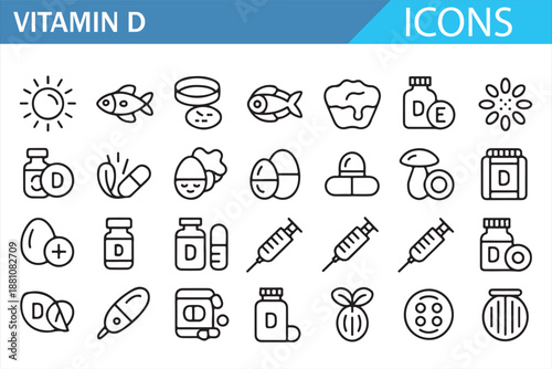 Vitamin D healthcare outline vector icons for medical and wellness design