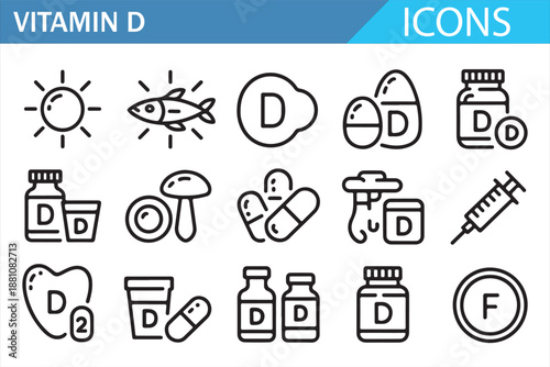 Health and nutrition vitamin D line icons collection isolated on white