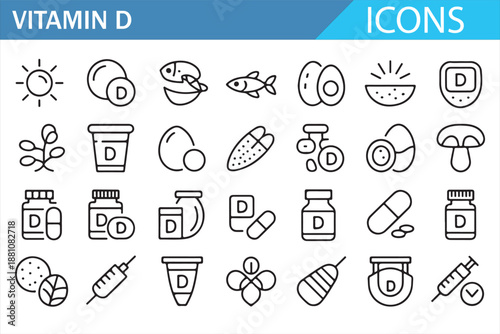 Vitamin D line icons set with sun supplements capsules fish dairy medical symbols and healthcare nutrition elements in clean outline vector style isolated on white background