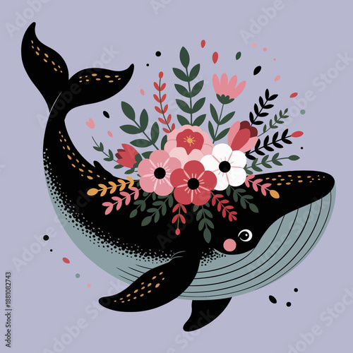 A whale is gracefully depicted amidst an array of colorful flowers