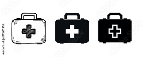 Variety of first aid kit icons: sketch, solid, pixel styles