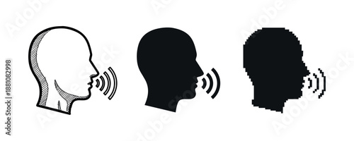 Three styles of human profiles with sound waves emitting from mouths