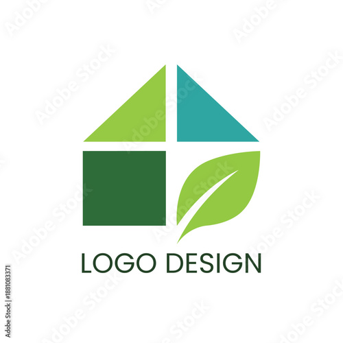 Eco-friendly real estate logo concept. Modern house icon with leaf element, featuring orange & blue geometric roof. Vector symbol for green housing, sustainable architecture, nature,  property manage