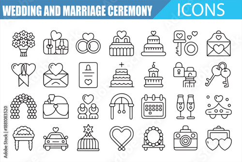 Wedding and marriage ceremony line icons set with rings cake bride groom gifts hearts flowers and celebration symbols in clean outline vector style isolated on white background