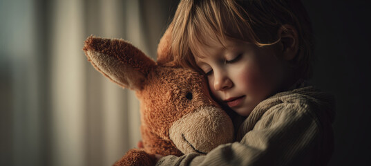 Child Embracing Plush Reindeer Toy in Soft Window Light