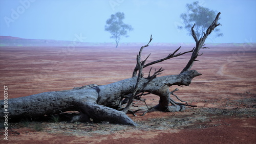 Tableau sur toile In a vast, arid landscape, a fallen tree lies on dry, cracked earth