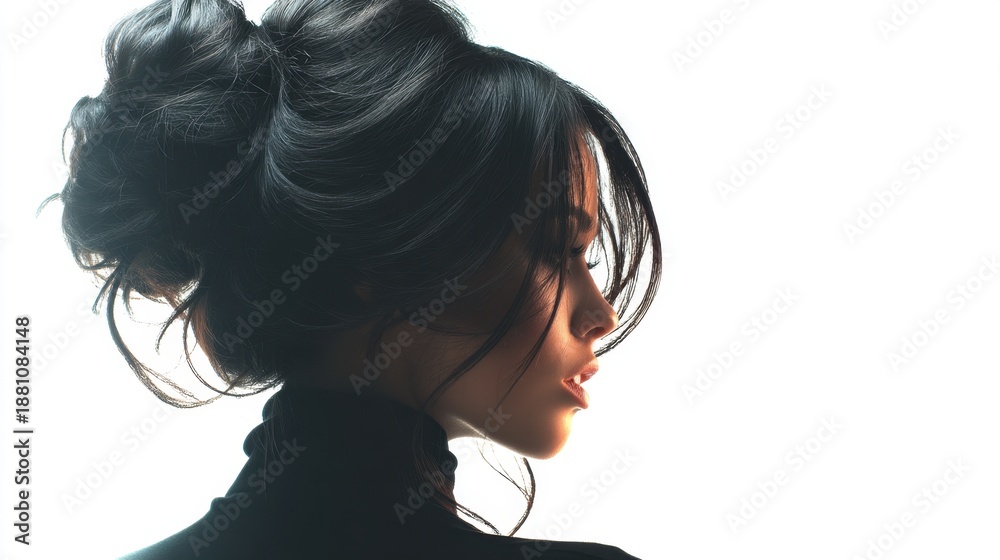 Naklejka premium Elegant profile of asian female with intricate updo against white background.