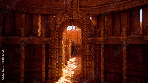Konstfotografi Sunlight spills through an intricate doorway into a stunning canyon