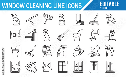 Window cleaning spray bottle, ladder, and squeegee icon pack.