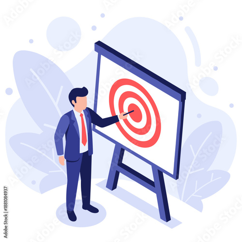 Businessman in suit aiming at bullseye on flipchart target