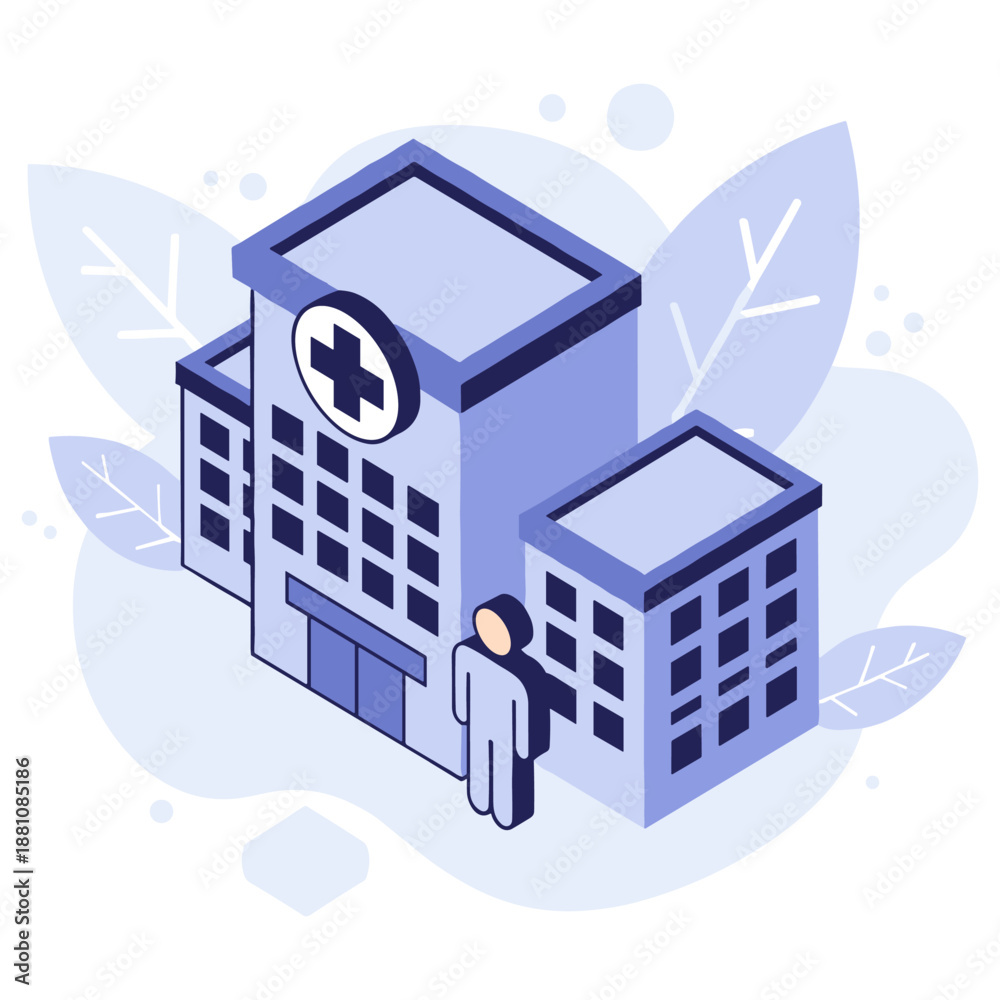 Fototapeta premium Isometric illustration of a hospital with a simplified human figure