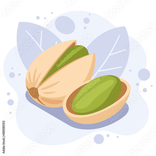 Illustration of shelled pistachios on abstract background with leaves