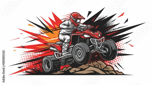 Atv rider in action vector illustration against abstract graphic burst