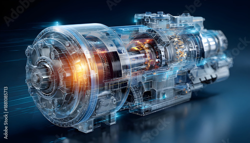 Futuristic hologram displaying complex internal components of a powerful marine engine, emphasizing advanced technology and precision engineering in maritime propulsion systems