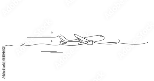 Minimalist black outline of airplane in flight over simple white background, no editable stroke