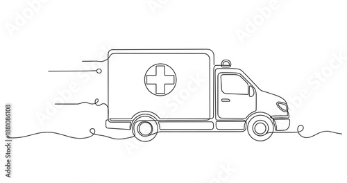 Continuous line drawing of a fast-moving ambulance with medical cross symbol, no editable stroke