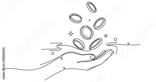 Outline of hand with floating coins and doodle elements, no editable stroke