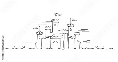Outline of a majestic castle with flags and towers on a blank background, no editable stroke