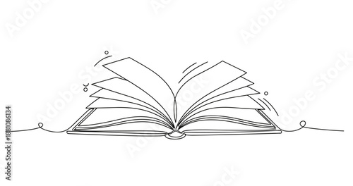 Open book line drawing with dynamic pages and minimalist style, no editable stroke