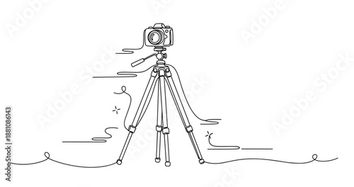Line art drawing of camera on tripod with minimalist design elements, no editable stroke