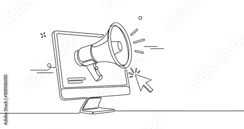Outline of megaphone and cursor on computer display in minimalistic design, no editable stroke