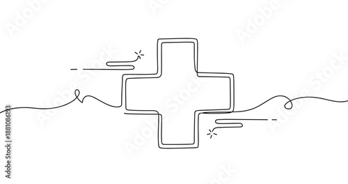Continuous line drawing of a medical cross symbol with decorative elements, no editable stroke