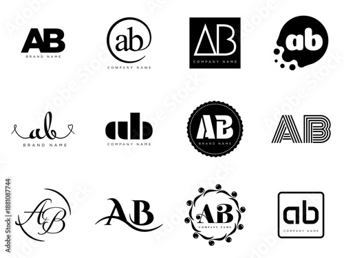 AB logo company template. Letter a and b logotype. Set different classic serif lettering and modern bold text with design elements. Initial font typography.