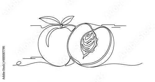 Minimalist continuous line drawing of whole and sliced peach. No editable strokes