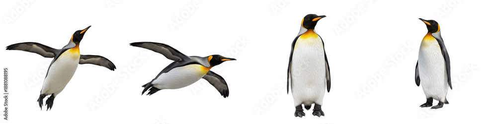 Fototapeta premium Majestic King Penguin Collection Featuring Dynamic Diving and Standing Poses with Vibrant Yellow Markings Isolated on White Background PNG Mockup for Antarctic Wildlife Design