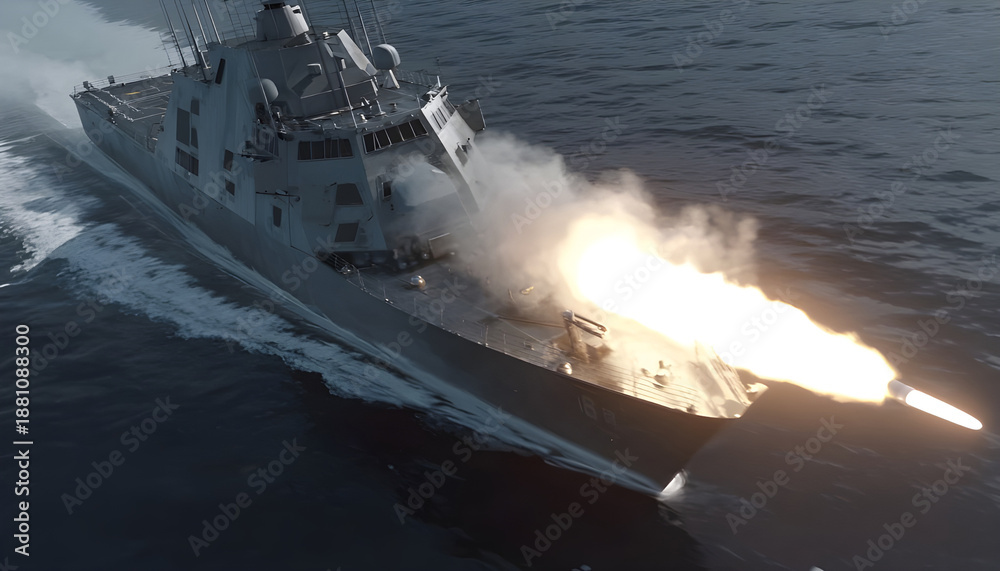 Fototapeta premium naval vessel firing a missile.