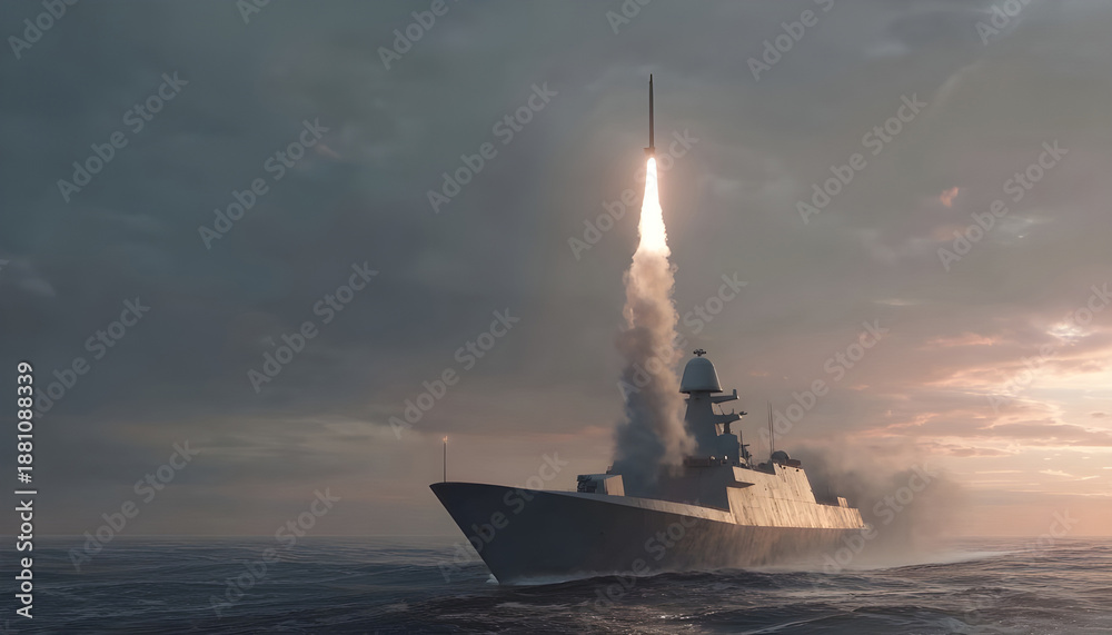Obraz premium naval vessel firing a missile.