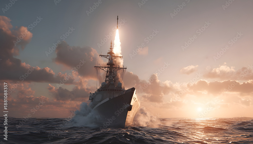 Naklejka premium naval vessel firing a missile.