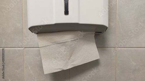 White paper towel dispenser installed on tiled wall in public bathroom or commercial kitchen. Focuses on hygiene standards, public amenities, and sanitary equipment for daily hand drying