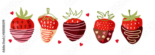 Strawberries with Chocolate. Red strawberries covered with milk white and dark chocolate, pink topping. Sweet delicious Desserts. Flat vector illustration isolated on white background
