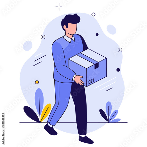 Illustrated young male carrying cardboard box indoors
